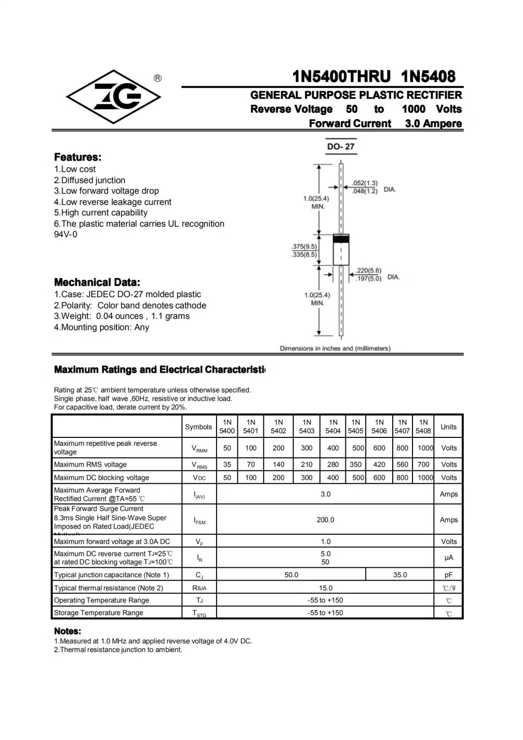 1n5408 1000V Do-27 Axial Diode 3A General Purpose Rectifier Diode 1n5408 Shottky Diode