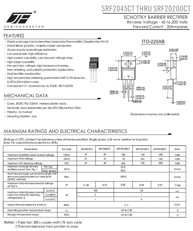 SRF20100CT 20A 100V Schottky Barrier Rectifier Diode with ITO-220AB