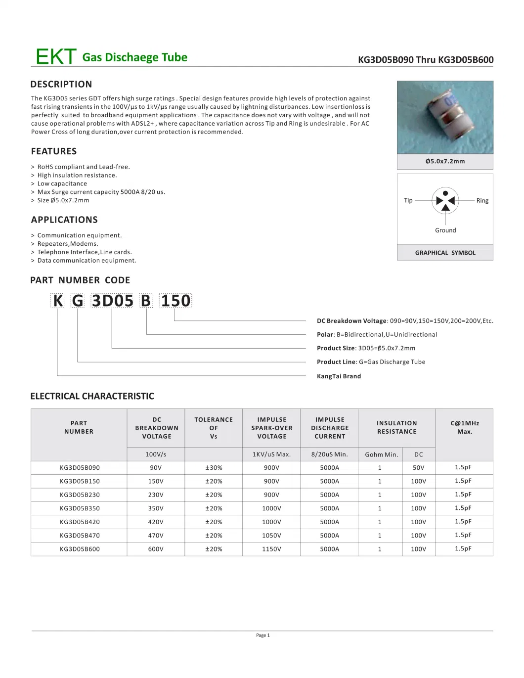 Gas Discharge Tube Gdt Kg3d05 with Low Capacitance